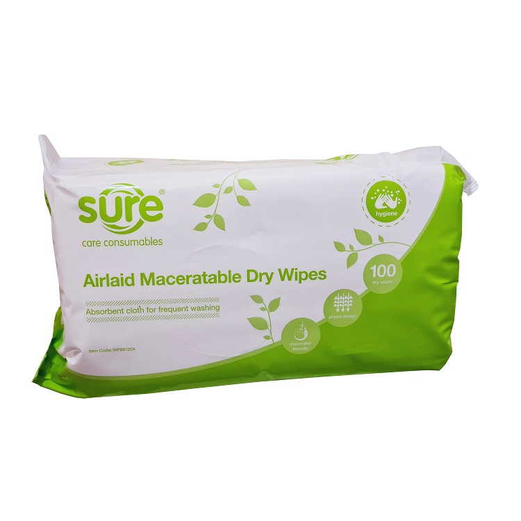 Sure Airlaid Maceratable Dry Patient Wipes - 20 x 100